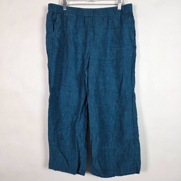 Eileen Fisher Pants - Eileen Fisher 100% Linen Wide Leg Cropped Woven Womens Large Blue Pants